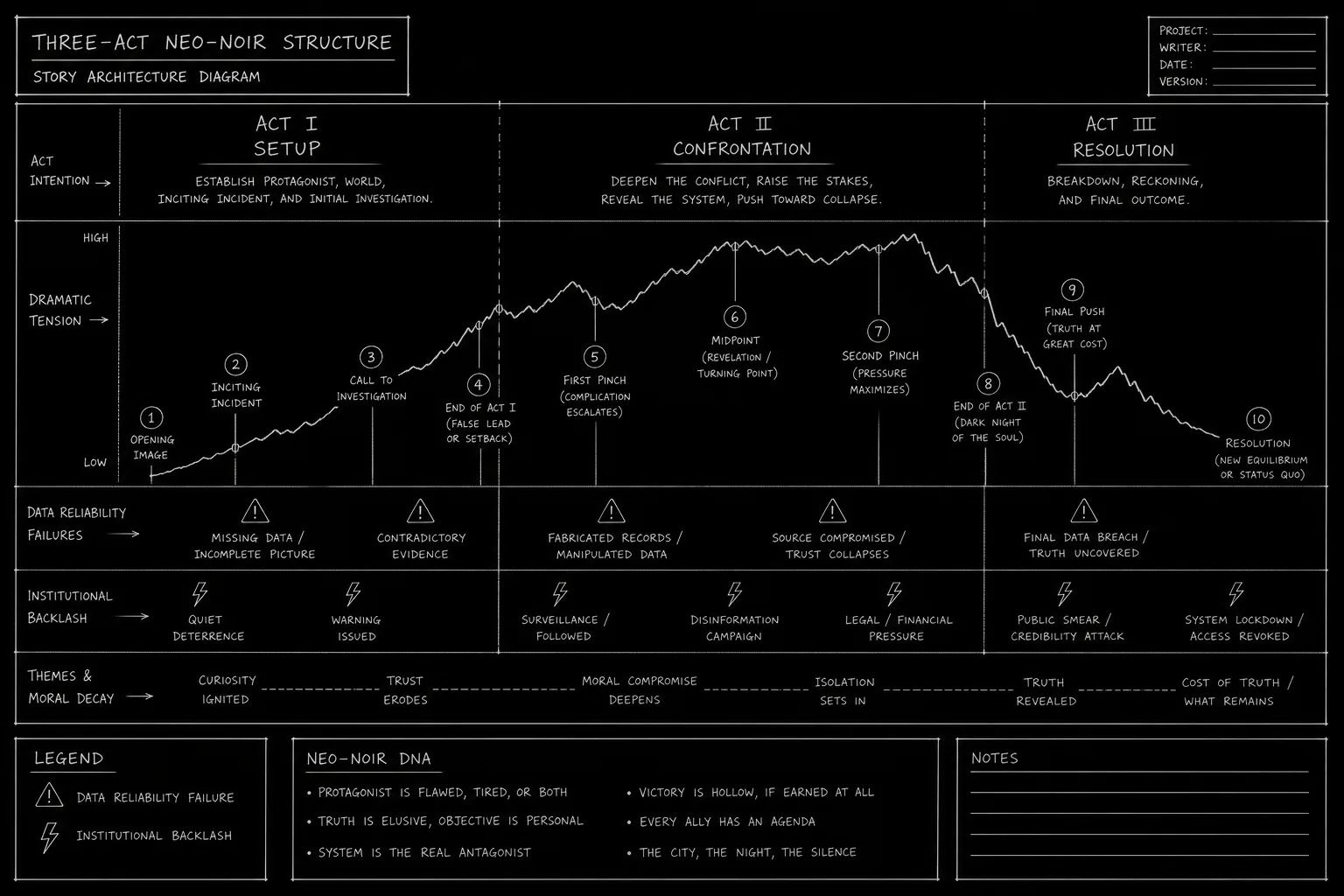 Neo-noir act structure diagram with classic spine and modern data-reliability twist markers; dark mode technical sketch