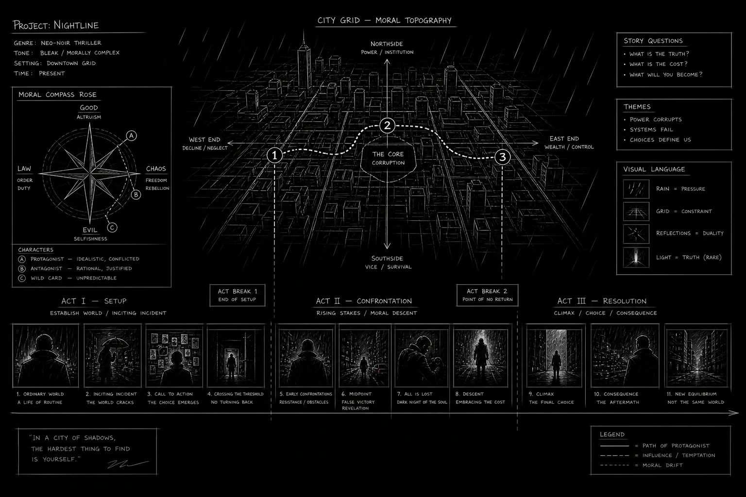 Dark mode technical sketch: neo-noir city grid with moral compass overlay, thin white lines on solid black