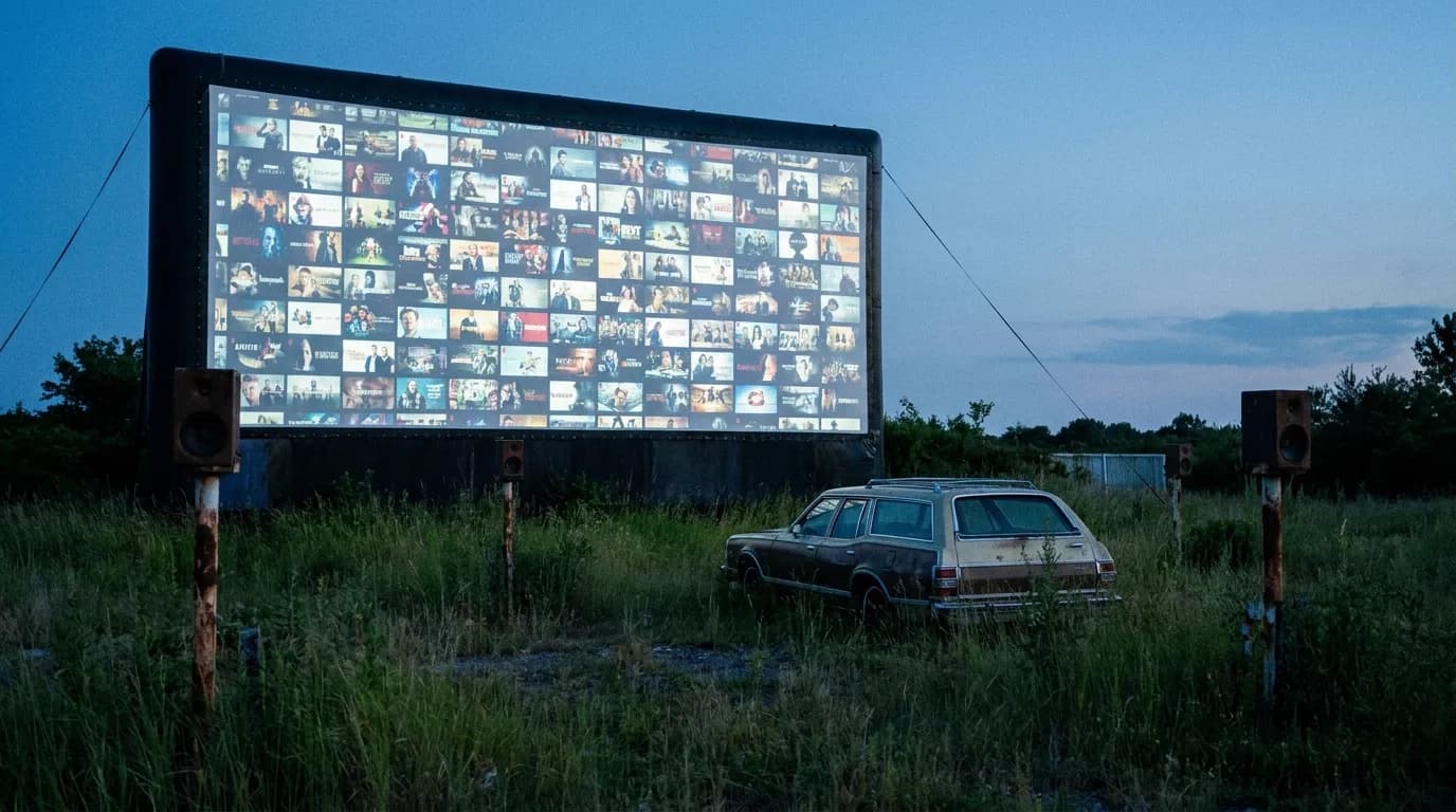 An abandoned drive-in cinema at blue hour, one old car in the empty lot, the giant screen lit with a dense grid of small thumbnail tiles like a streaming catalogue, cinematic still