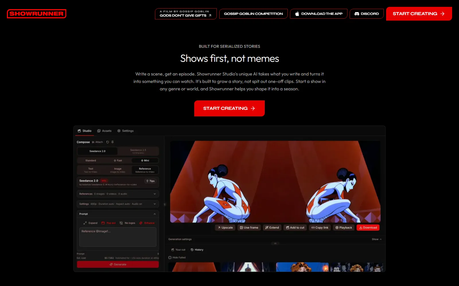The Showrunner homepage showing the tagline Shows first, not memes, a Start Creating button, and the studio interface with a model picker, prompt box, generation settings and an estimated cost per shot