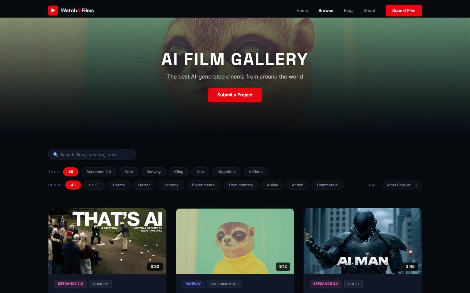 The Watch AI Films gallery page, filtering films by tool including Seedance, Sora, Runway, Kling, Veo, Higgsfield and InVideo, and by genre, with film cards showing runtimes