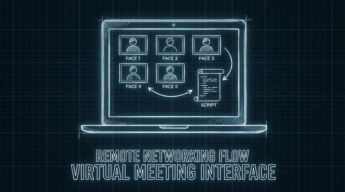 Laptop with Zoom call and script; dark mode technical sketch