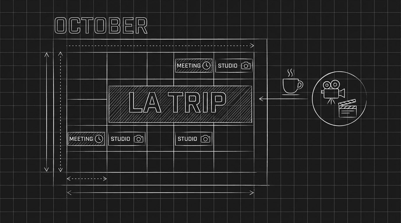 Calendar with "LA trip" block and meetings; dark mode technical sketch