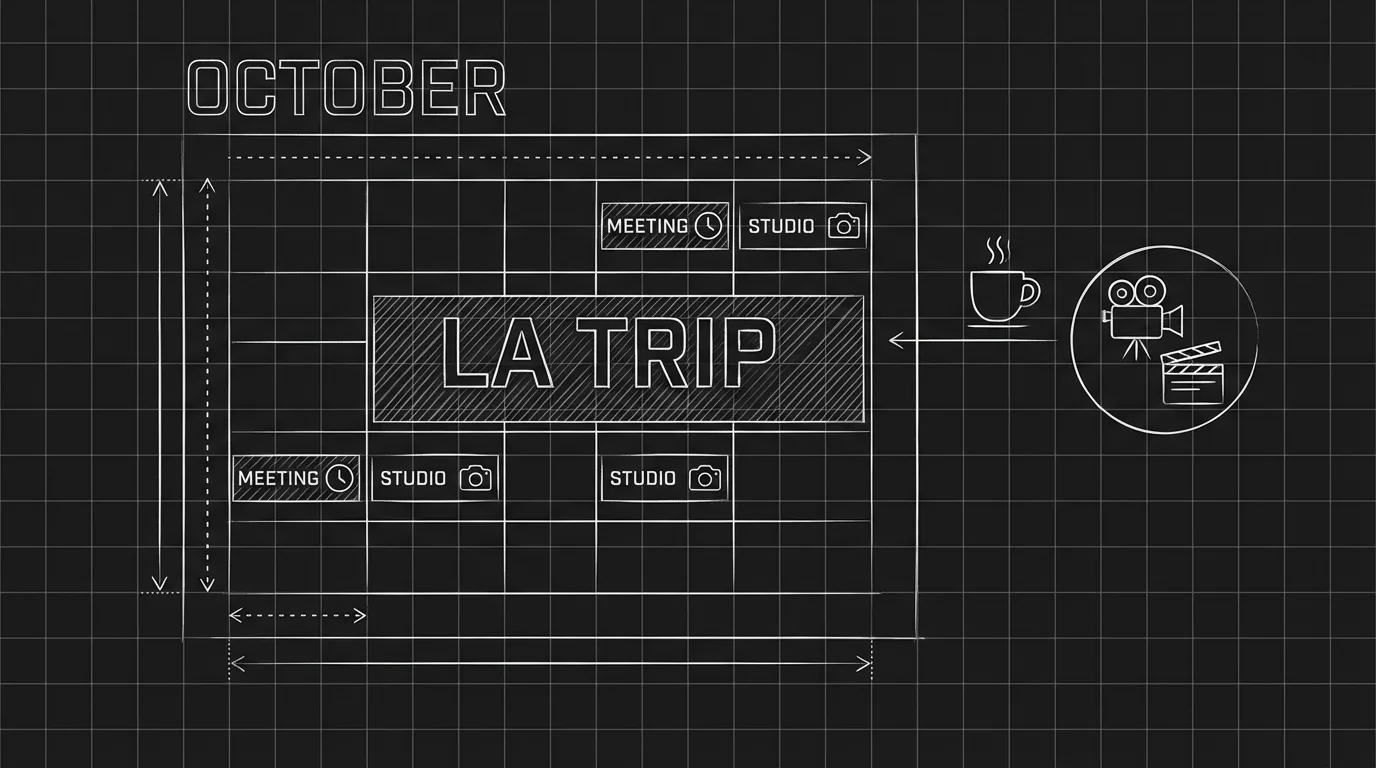 Calendar with "LA trip" block and meetings; dark mode technical sketch