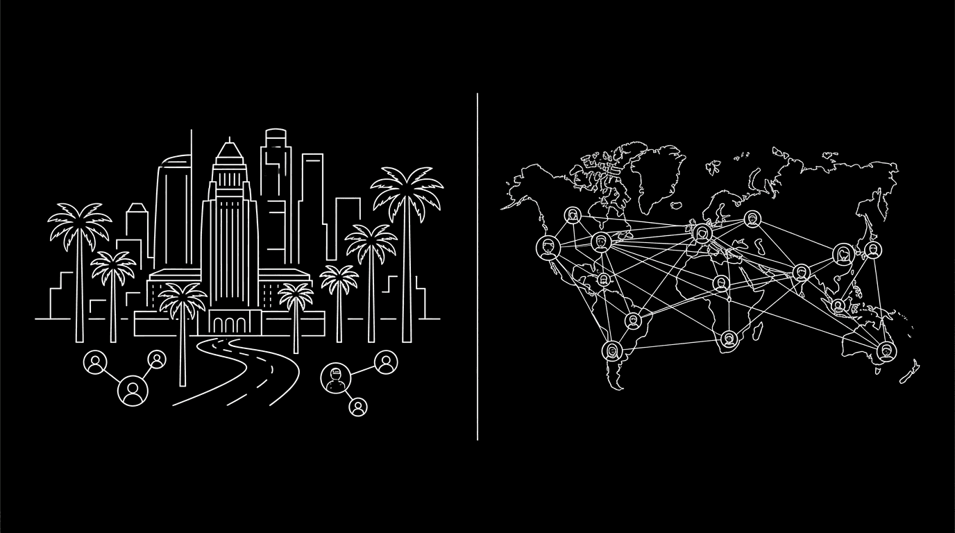 LA vs globe, remote; dark mode technical sketch