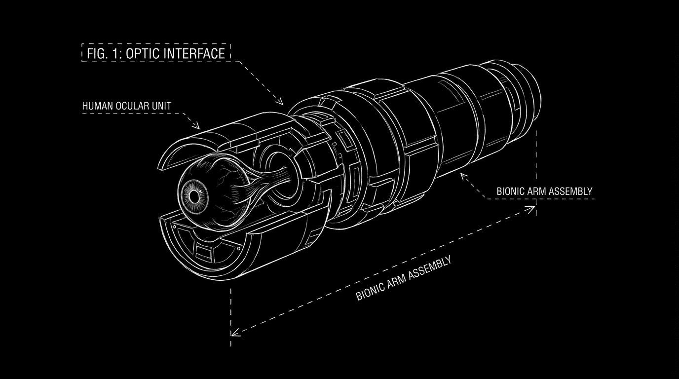 Non-human with one human detail; dark mode technical sketch