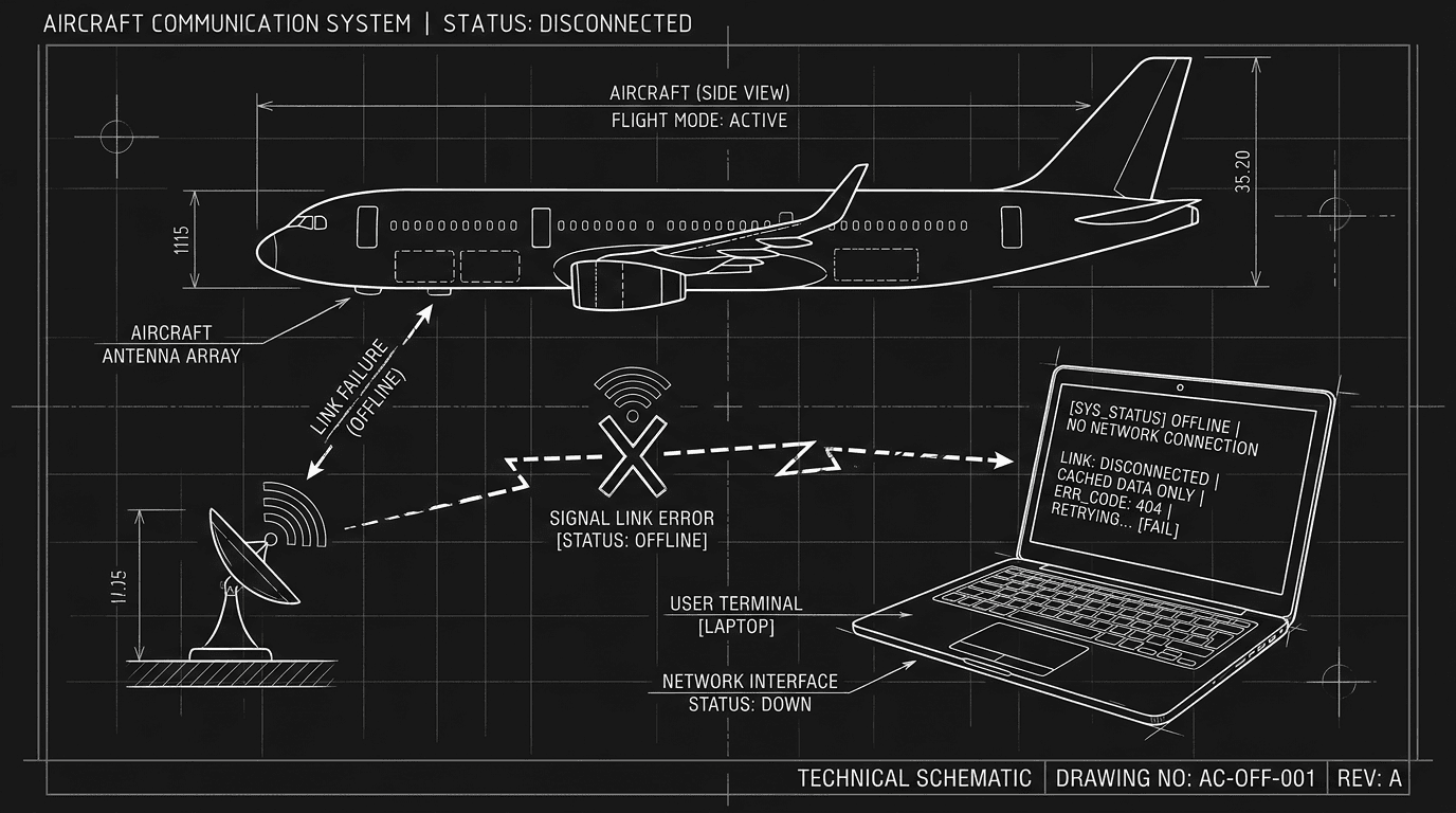 Dark mode technical sketch: plane icon; laptop with script; "offline" label; thin white lines on black