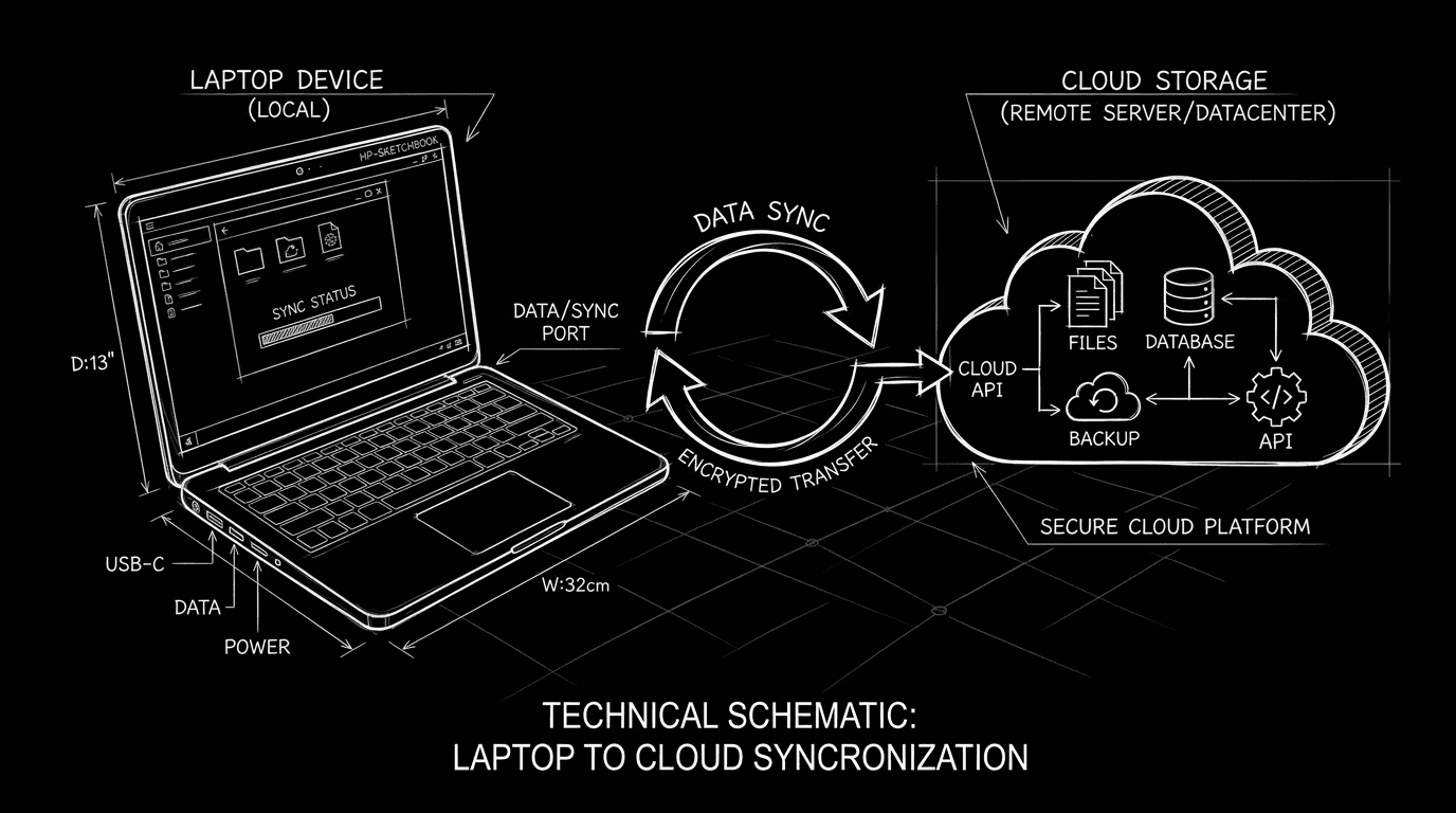 Dark mode technical sketch: sync arrow between laptop and cloud; "when connected"; thin white lines on black