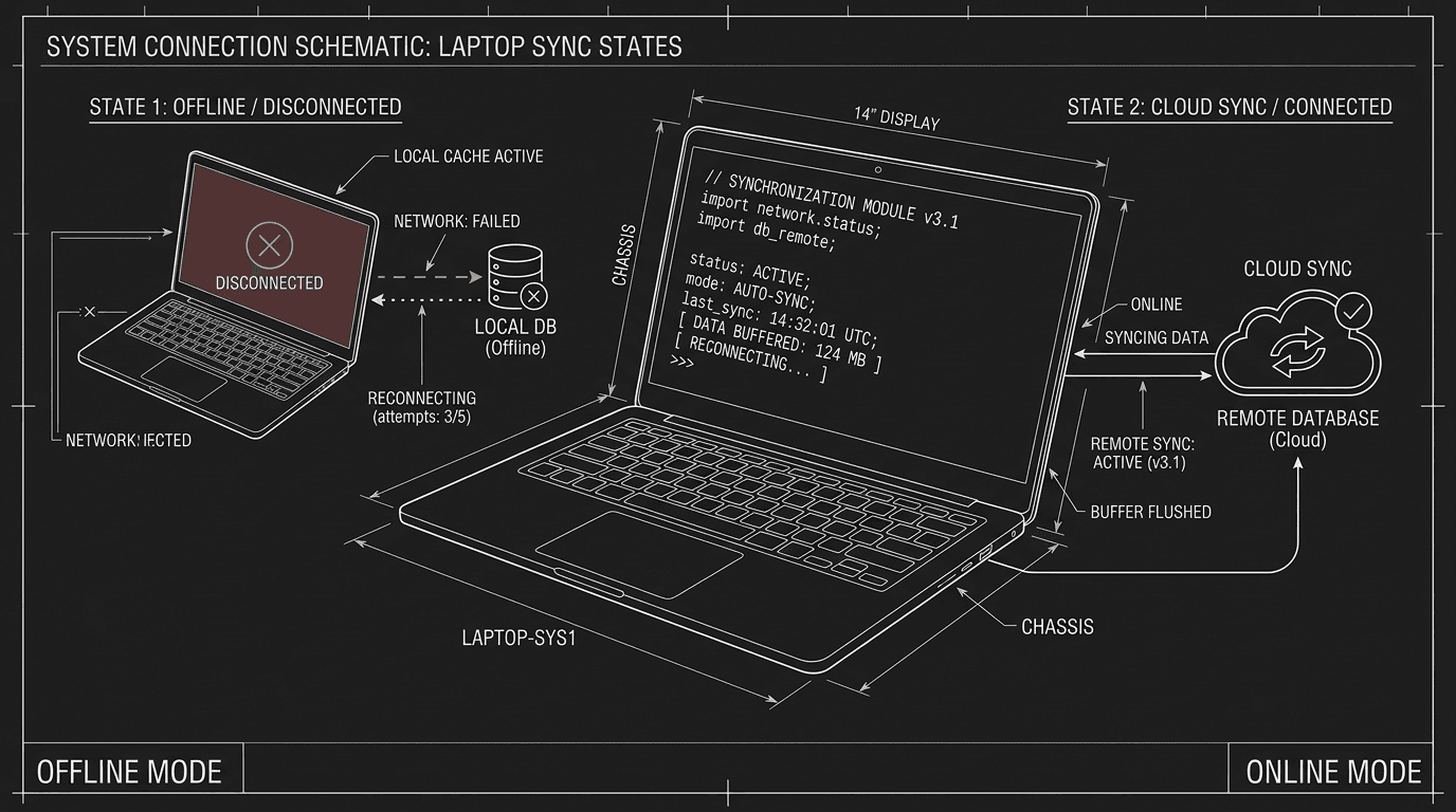 Dark mode technical sketch: laptop with script; offline vs. cloud; thin white lines on black