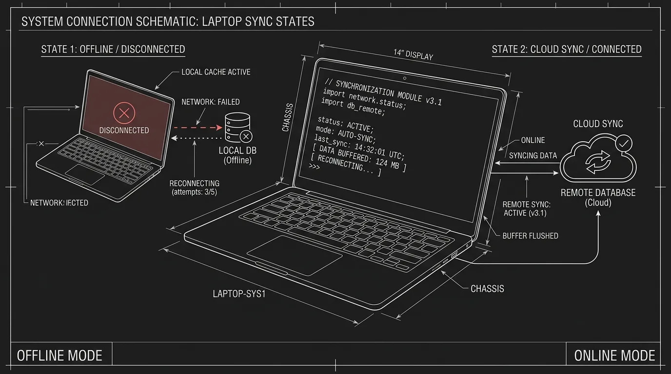 Dark mode technical sketch: laptop with script; offline vs. cloud; thin white lines on black