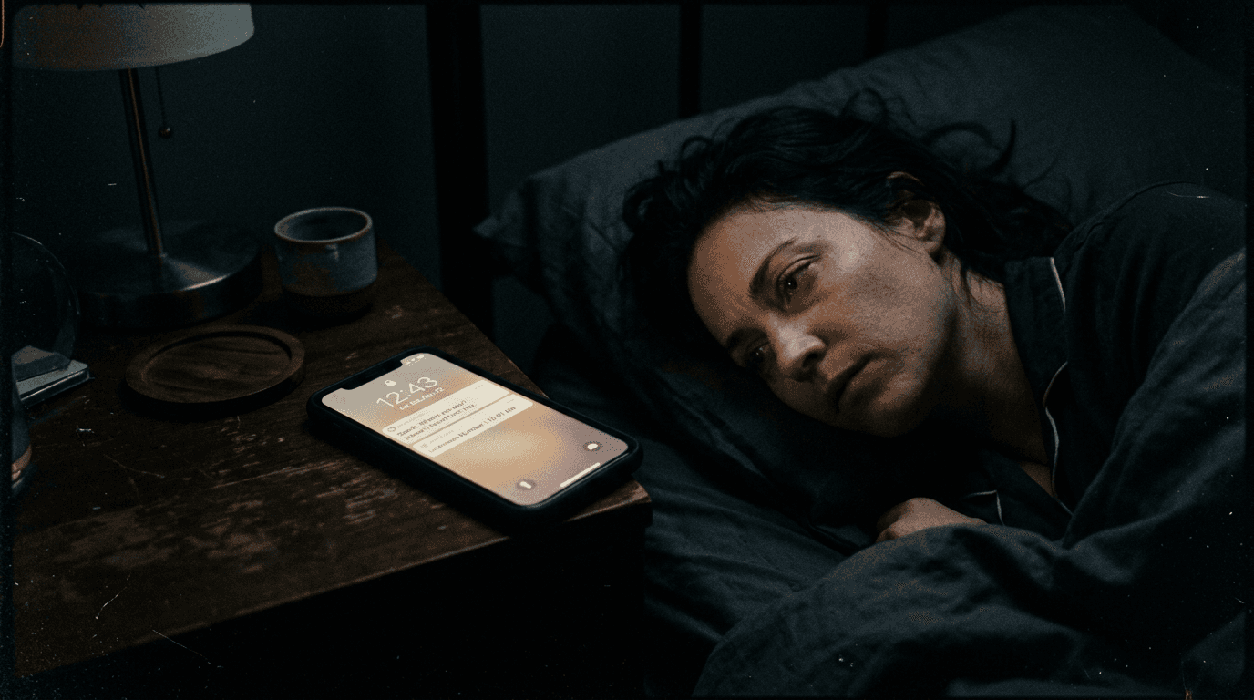 Cinematic 35mm film still: smartphone glow in a dark bedroom