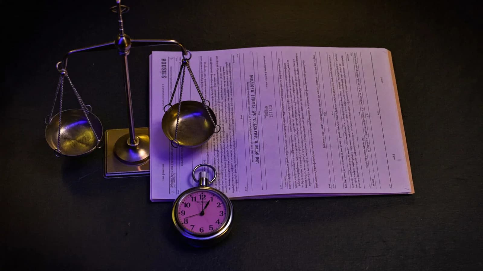 A screenplay page balanced against a stopwatch on a small brass scale, cinematic still