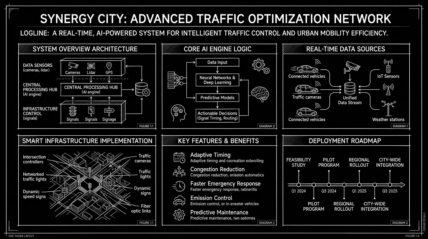 One-pager layout: title, logline, blocks; dark mode technical sketch