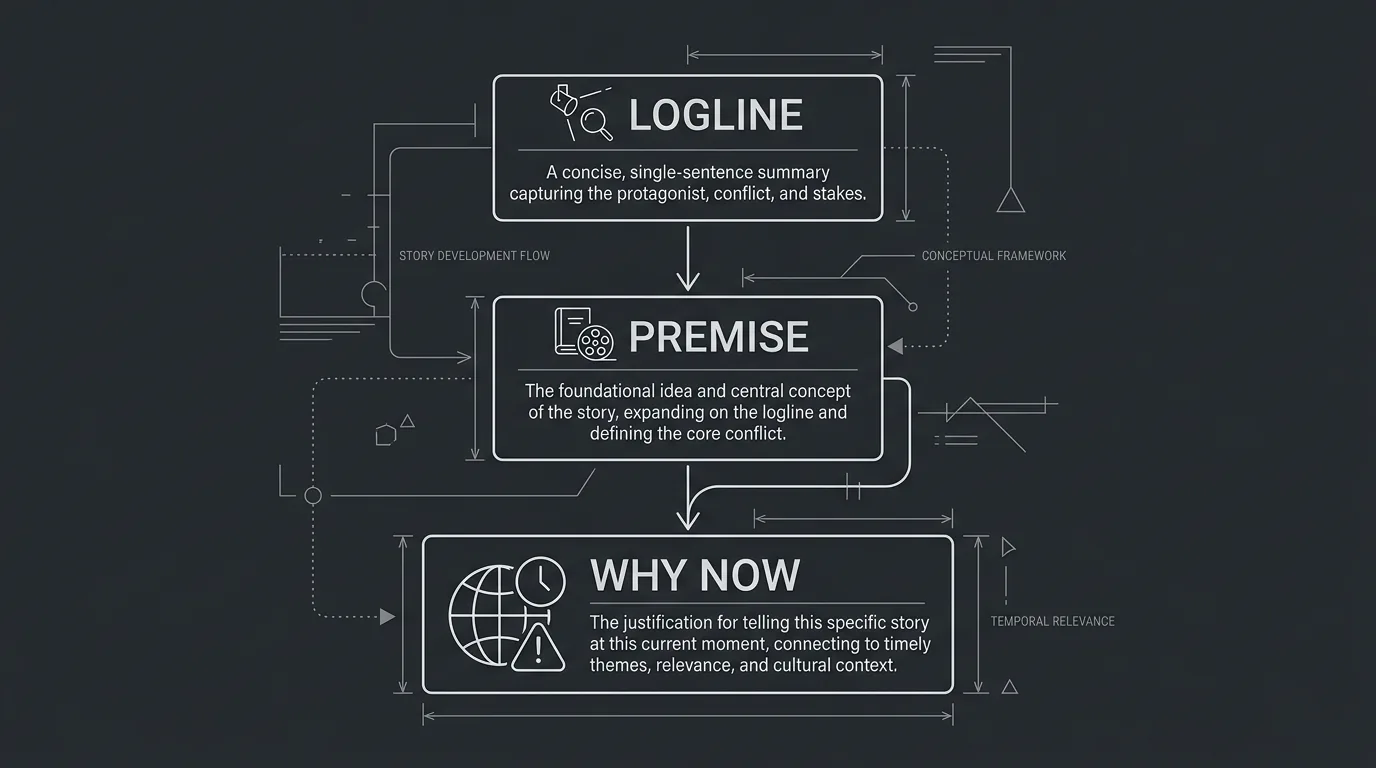 Hierarchy: logline → premise → why now; dark mode technical sketch