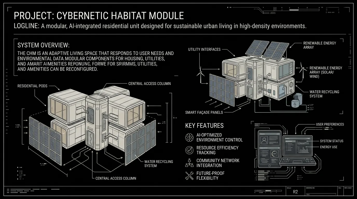 Single page layout: title, logline, summary; dark mode technical sketch