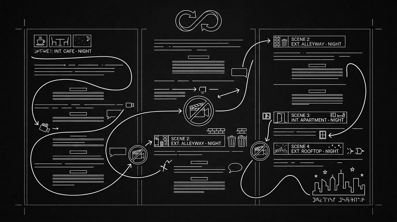 Dark mode technical sketch: script page showing continuous shot with movement cues; thin white lines on black