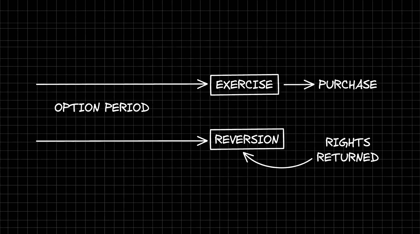 Timeline: option period, exercise, reversion; dark mode technical sketch