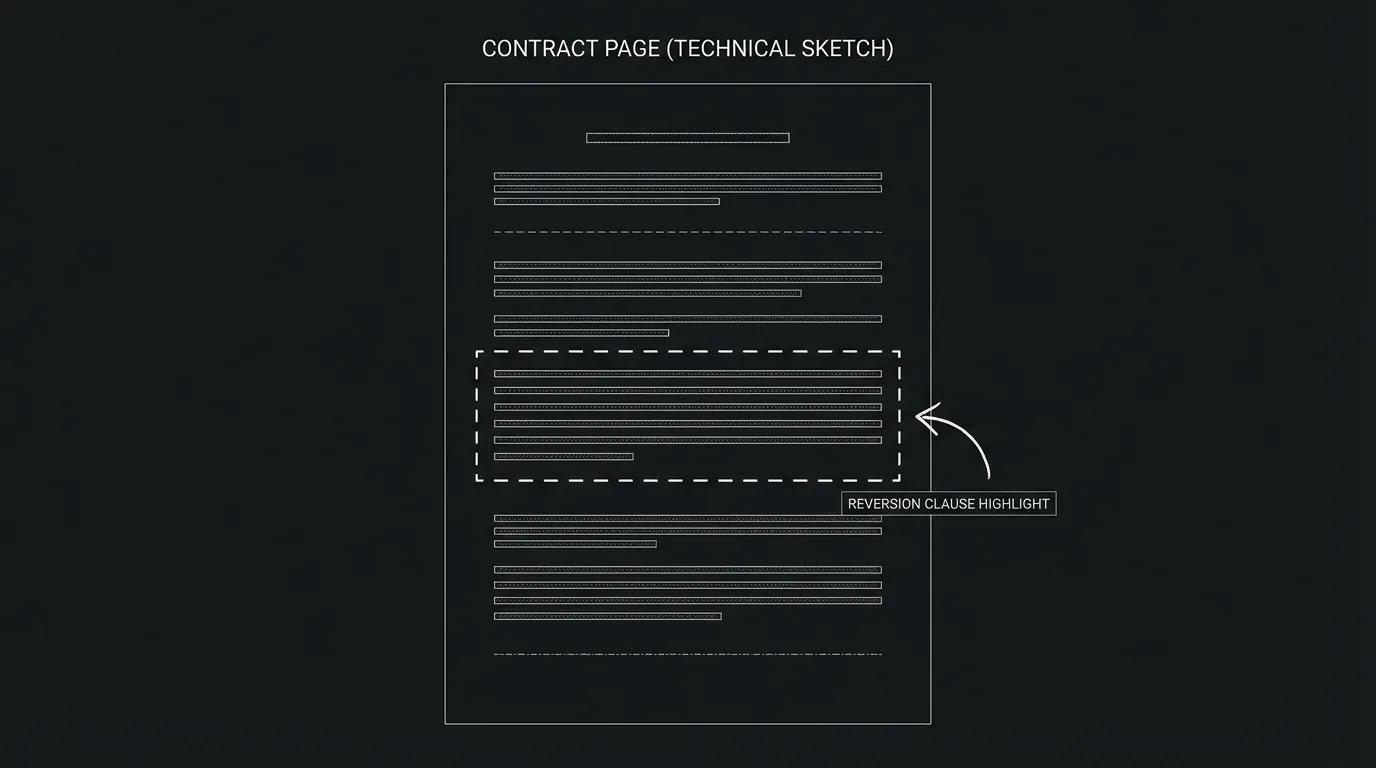 Contract page with reversion clause highlighted; dark mode technical sketch