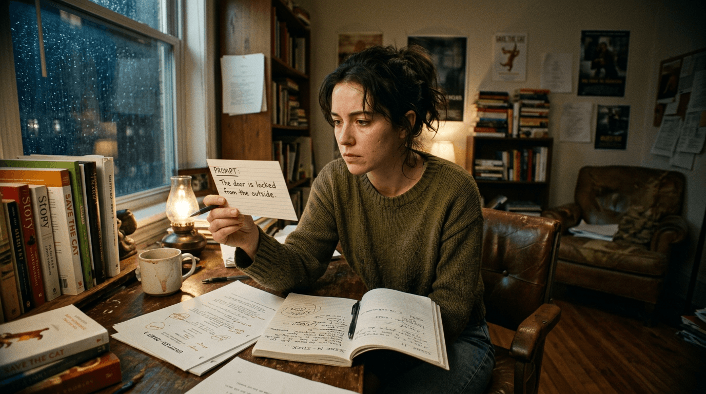 Cinematic workflow still, first angle, 35mm film grain