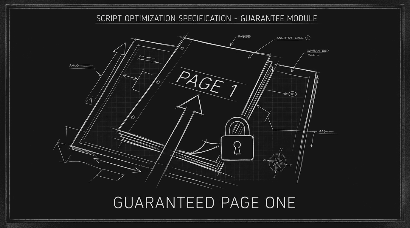 Dark mode technical sketch: script pages with PAGE 1; lock; thin white lines on black