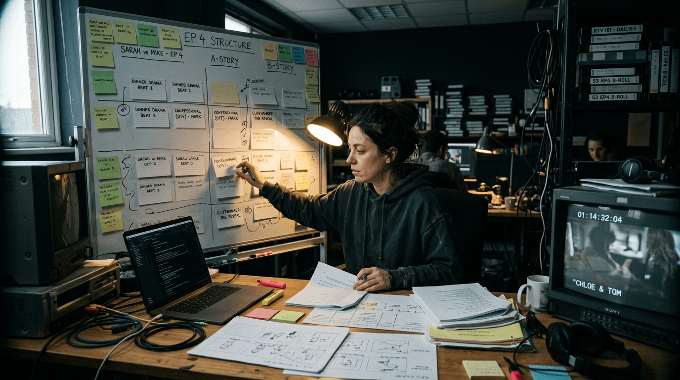 Cinematic workflow still, first angle, 35mm film grain