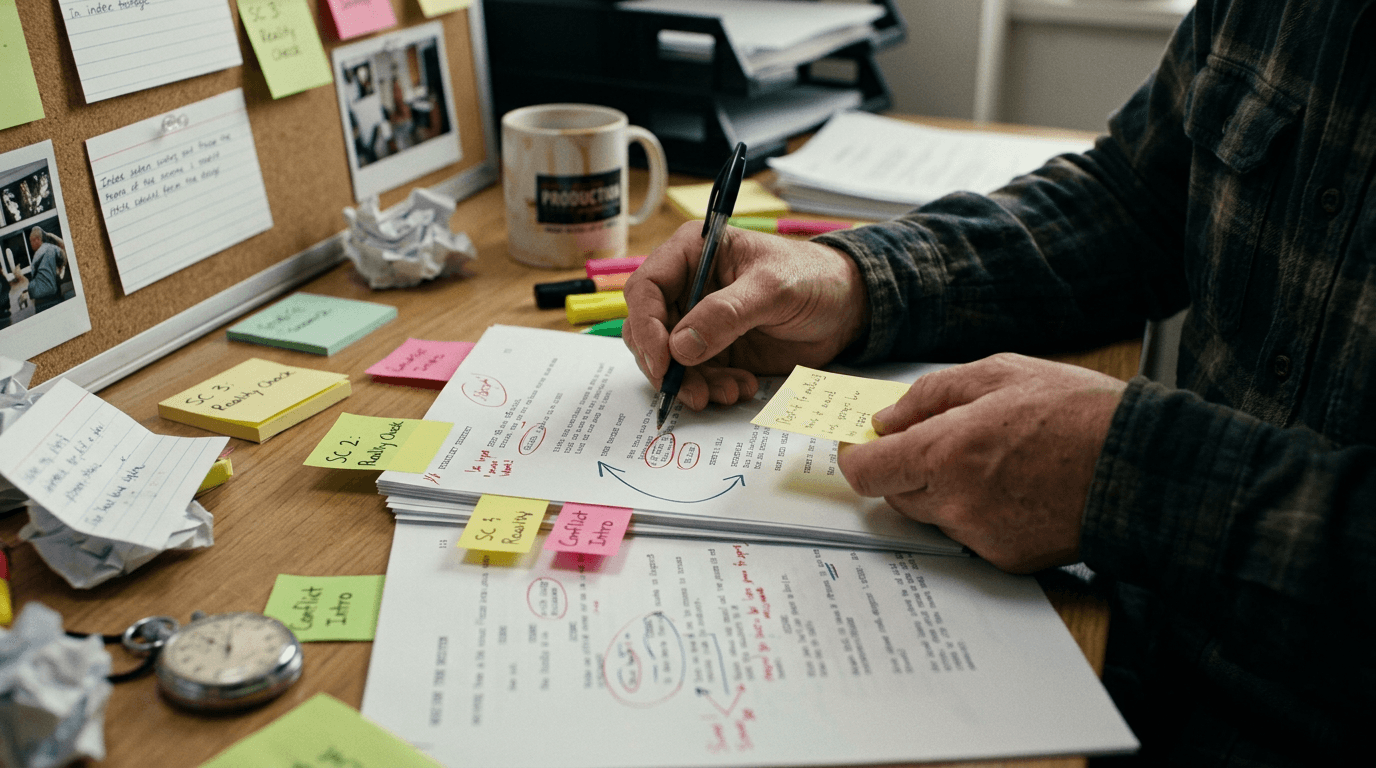 Cinematic workflow still, second angle, 35mm film grain