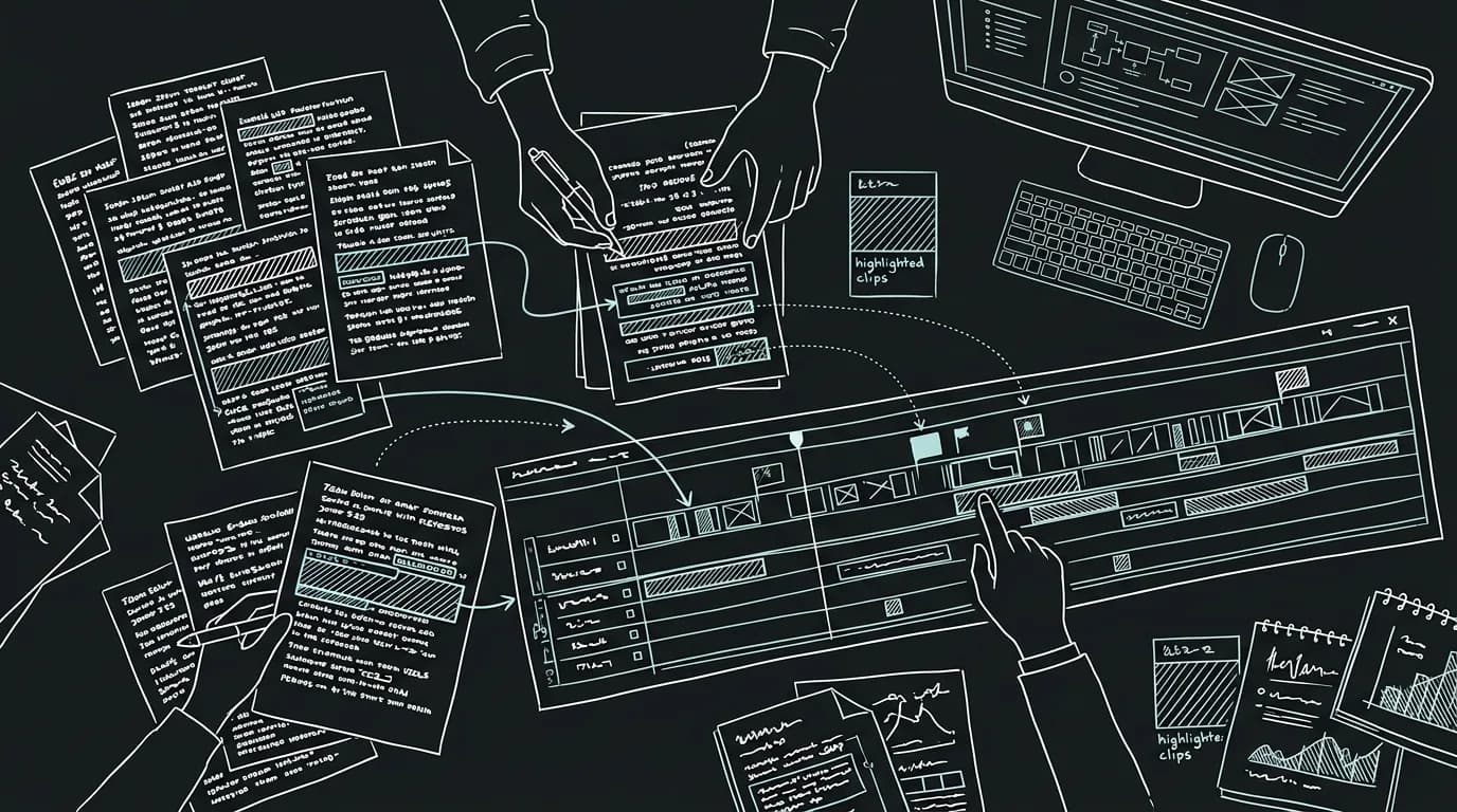 Dark mode technical sketch: story producer reviewing footage transcripts; thin white lines on black