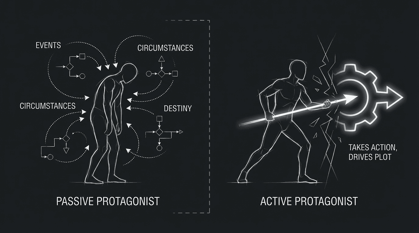 Passive vs active protagonist: figure being pushed by events vs figure driving forward; black background, thin white lines; dark mode technical sketch