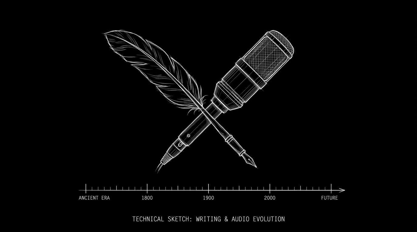 A quill and a modern microphone crossed over a thin white historical timeline on black