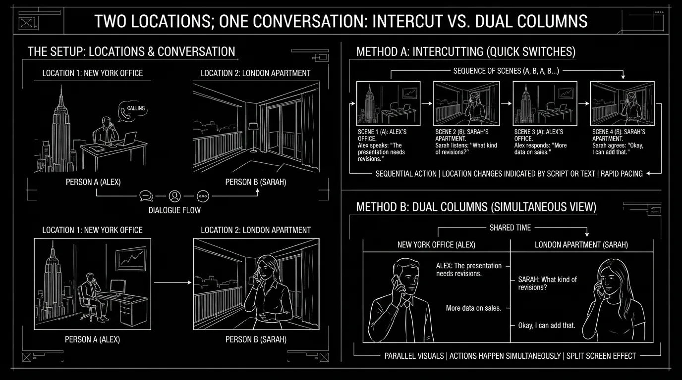 Two locations; one conversation; dark mode technical sketch