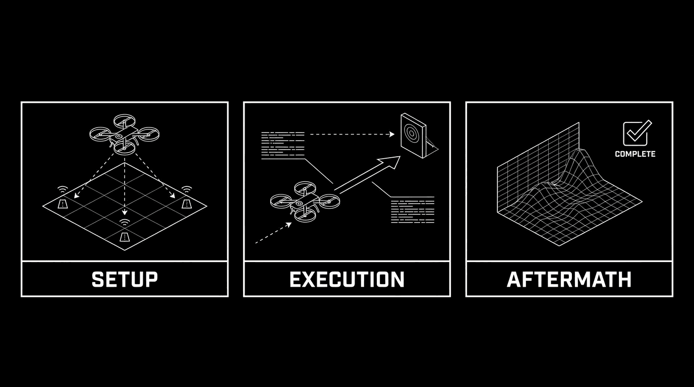 Three-panel storyboard: setup, execution, aftermath; dark mode technical sketch