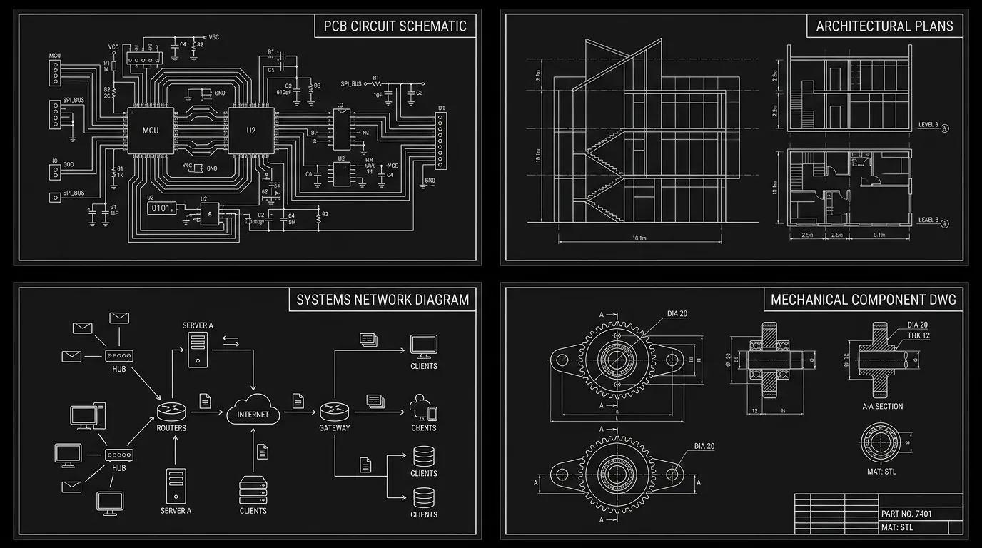 Mood board grid: four reference frames; dark mode technical sketch