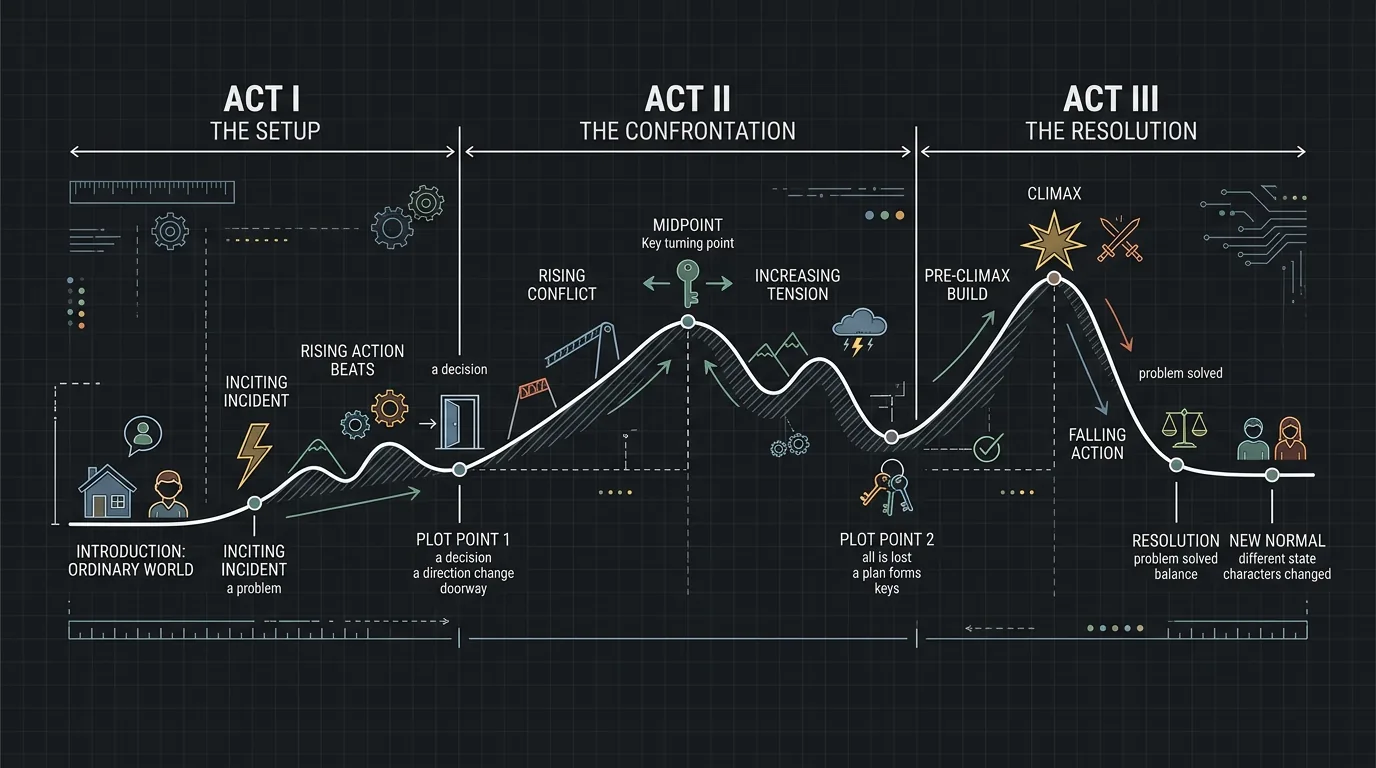 Three-act timeline with key beats; dark mode technical sketch