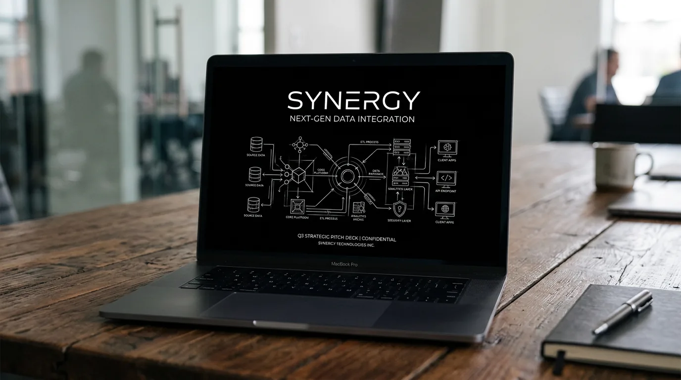 Pitch deck open: title slide and mood; dark mode technical sketch