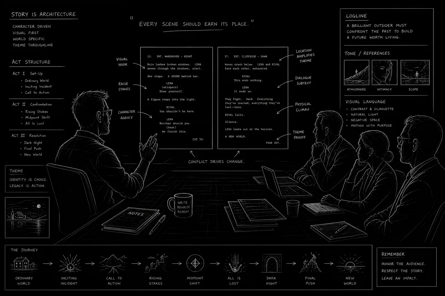 Writer answering questions across conference table with annotated script; dark mode technical sketch, thin white lines on black background