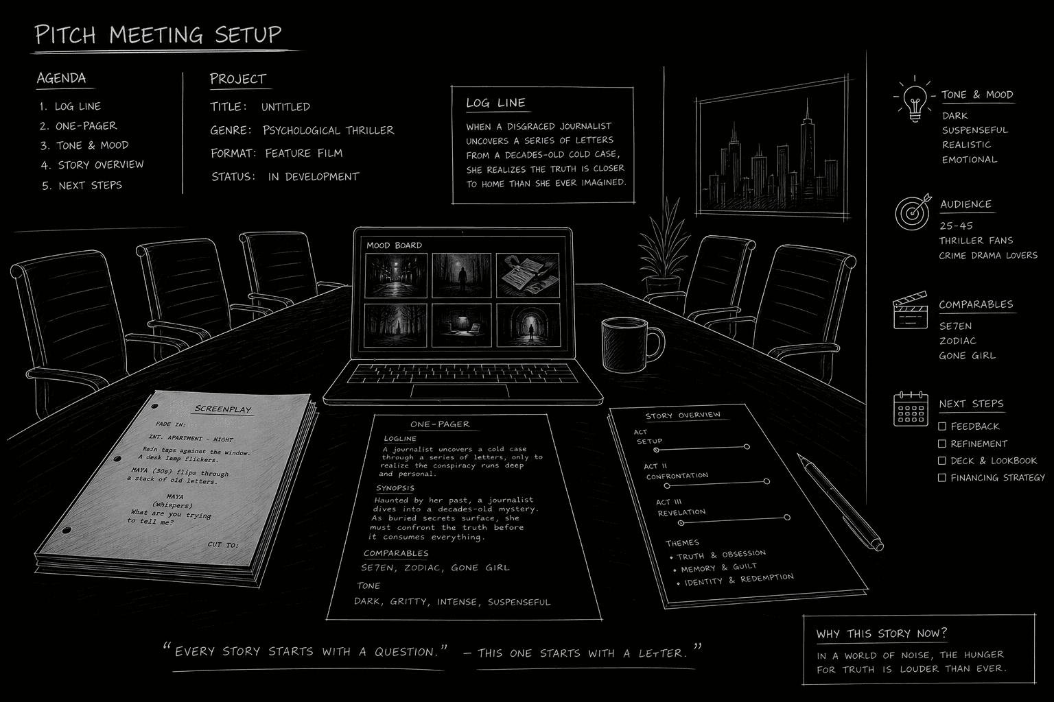 Dark mode technical sketch: conference table with screenplay one-pager and mood board, thin white lines on black