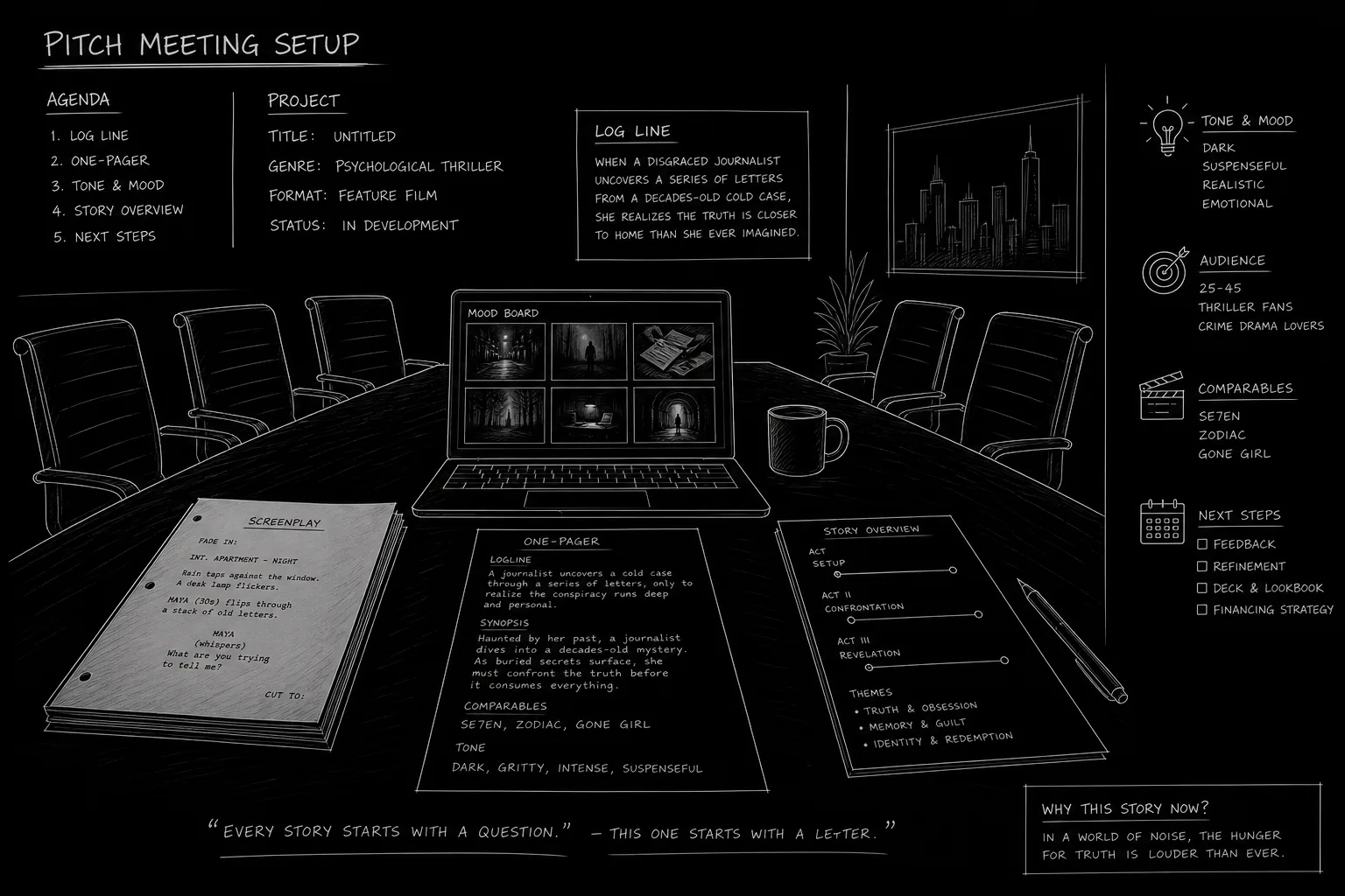 Dark mode technical sketch: conference table with screenplay one-pager and mood board, thin white lines on black
