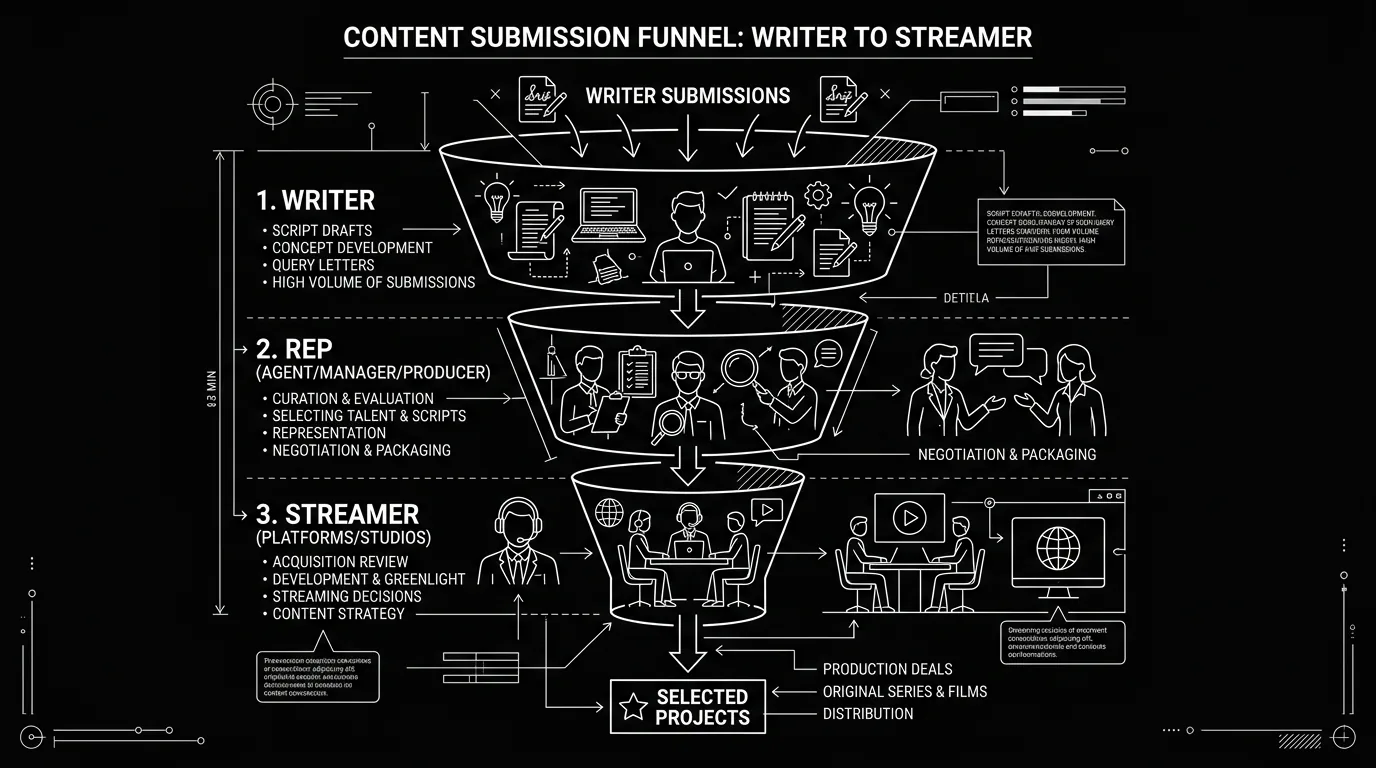 Submission funnel: writer, rep, streamer; dark mode technical sketch