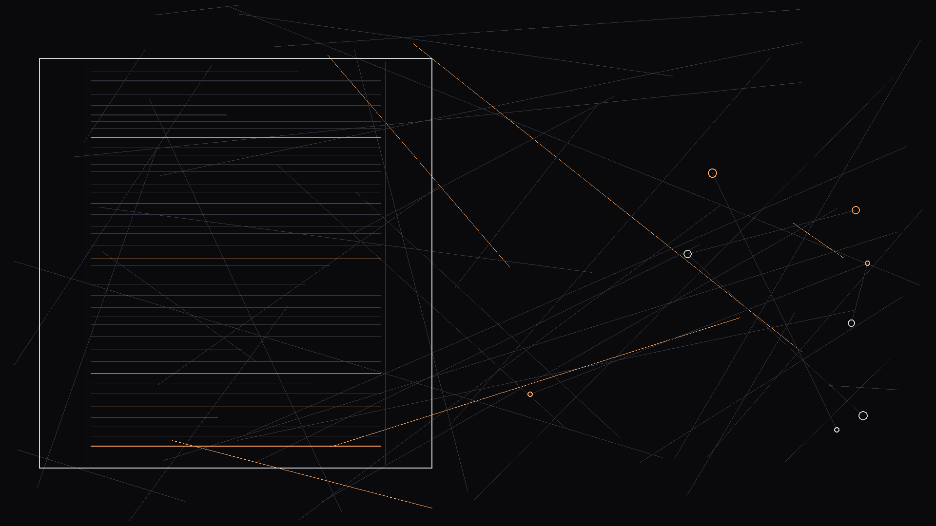 A script page showing subtle drunk behavior through action lines; dark mode technical sketch, thin white lines on black background
