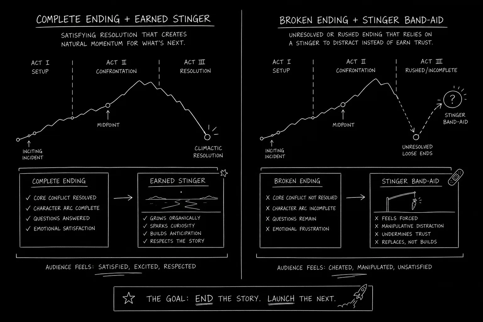 Comparison diagram of main ending complete vs incomplete with post-credits fix; dark mode technical sketch, thin white lines on black background