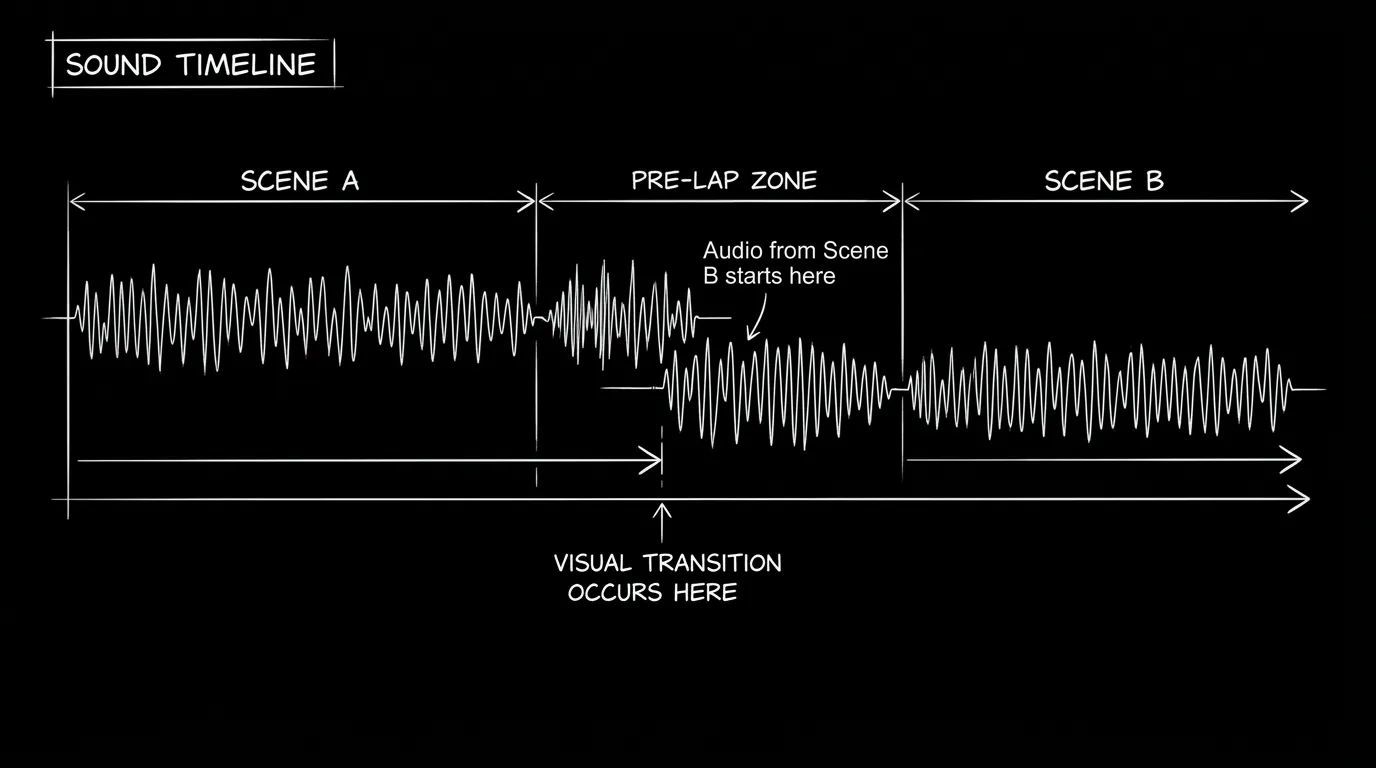Sound timeline: Scene A, pre-lap zone, Scene B; dark mode technical sketch