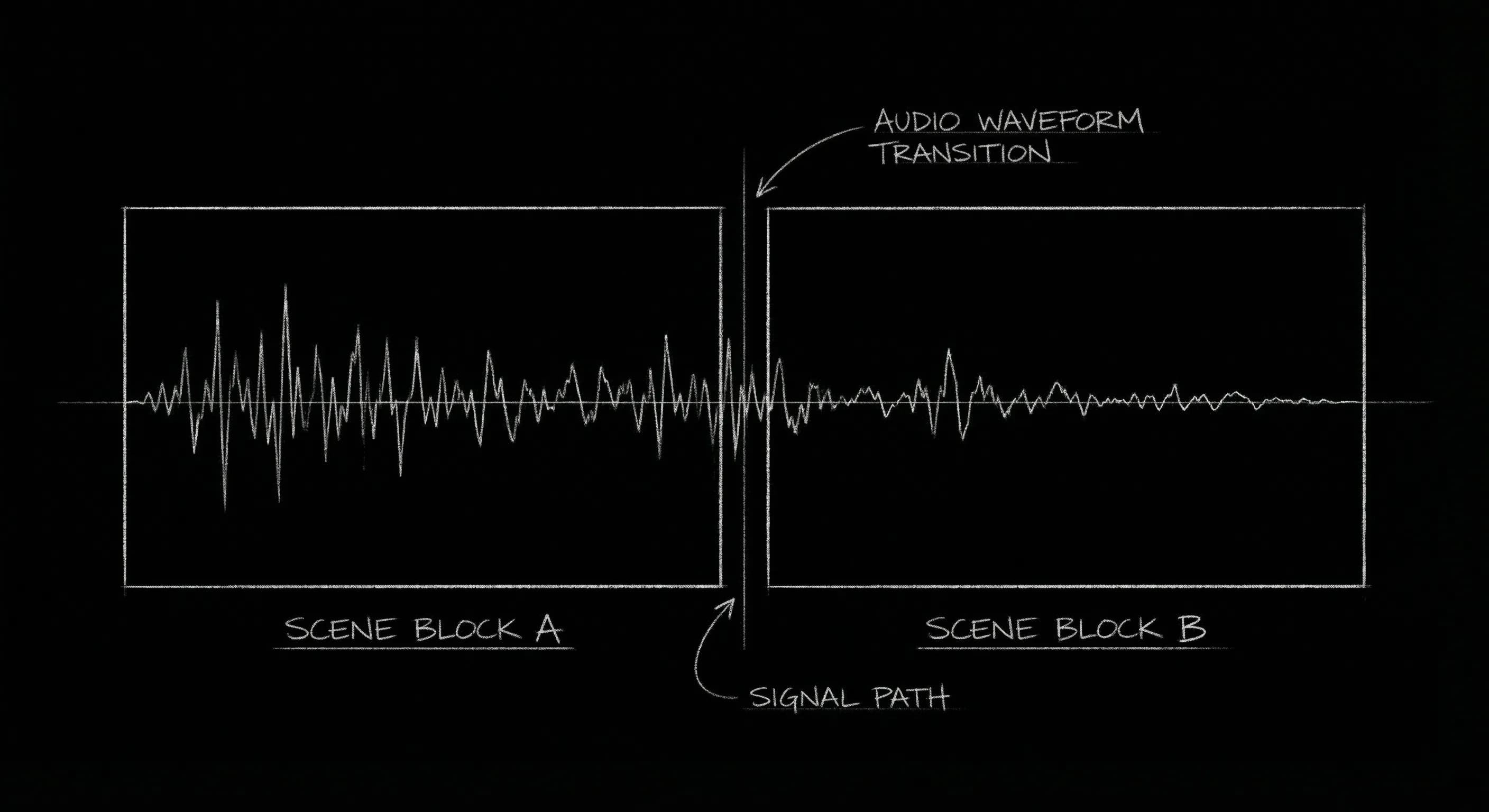 Pre-lap: sound wave crossing from one scene into the next; dark mode technical sketch