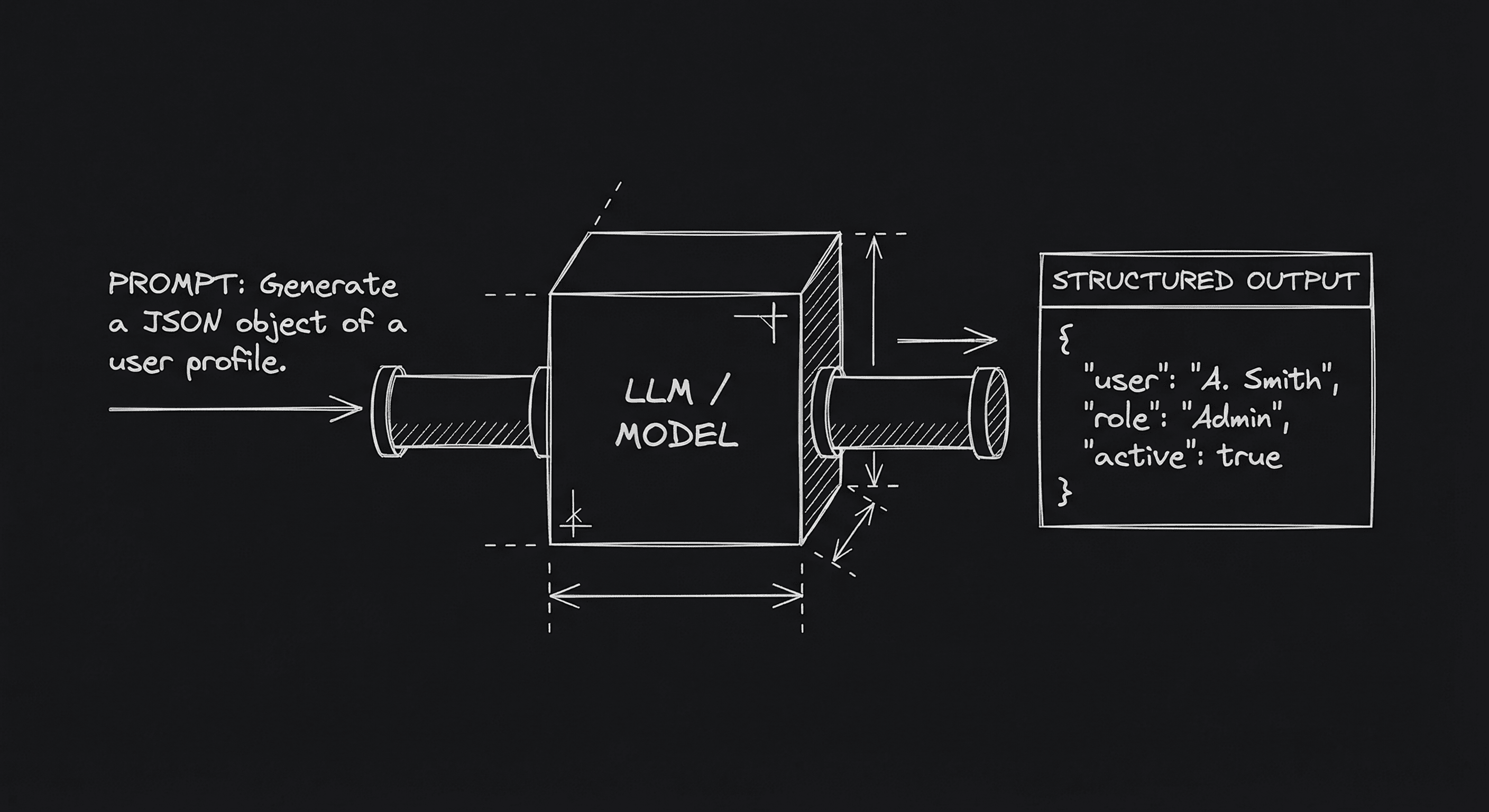 Prompt: Dark Mode Technical Sketch, prompt text going into a box and structured output coming out; clean thin white lines on black, hand-drawn technical feel --ar 16:9