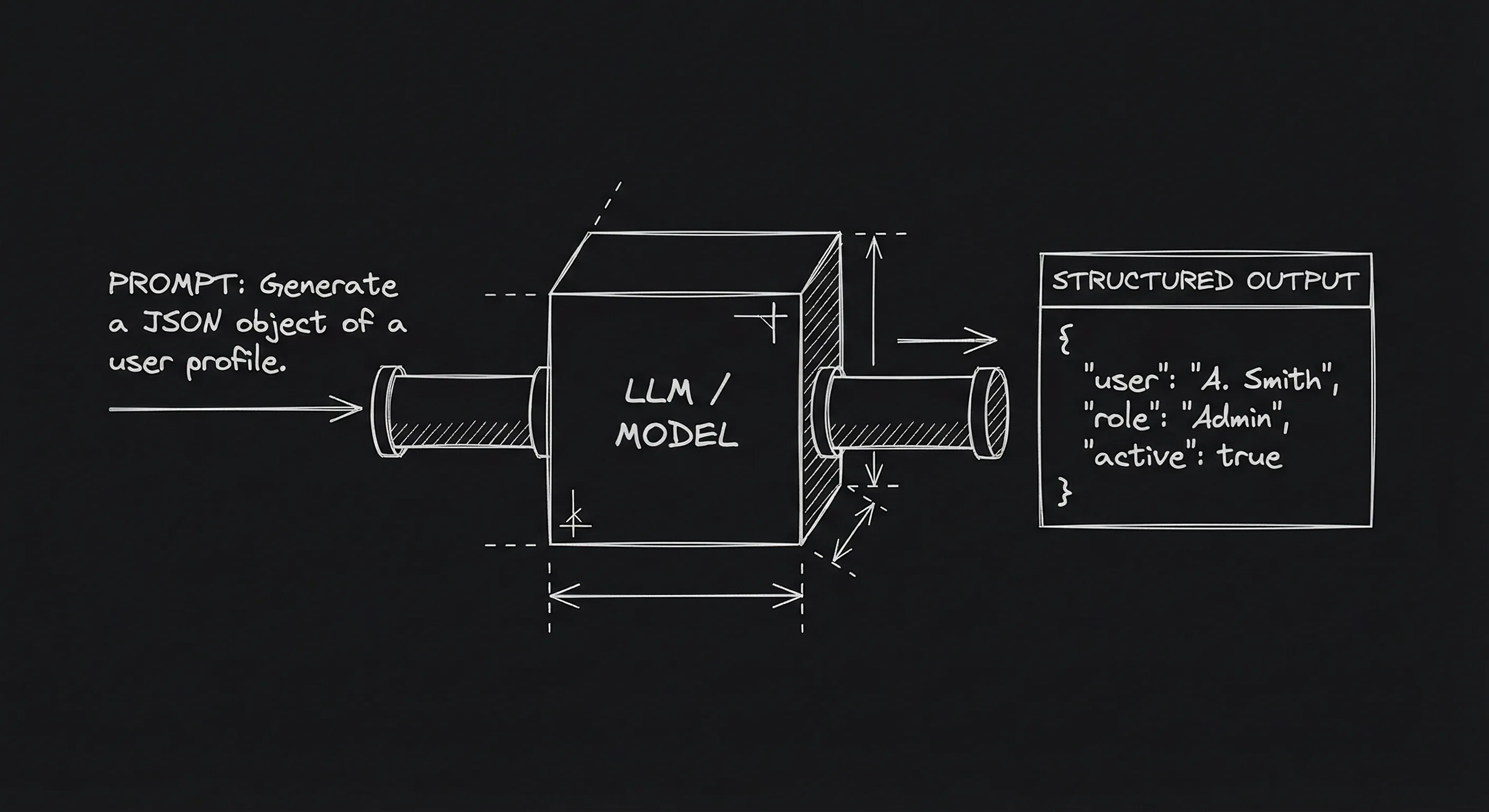 Prompt in, structured output out; dark mode technical sketch