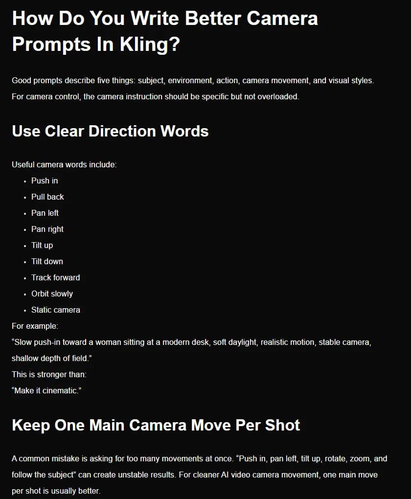 Kling's camera control guide section titled How Do You Write Better Camera Prompts In Kling, listing camera words such as push in, pull back, pan, tilt, track forward, orbit slowly and static camera, with the rule to keep one main camera move per shot