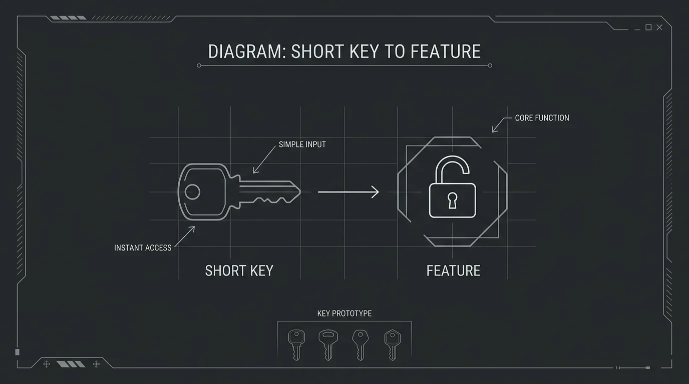 Short as key to feature; dark mode technical sketch