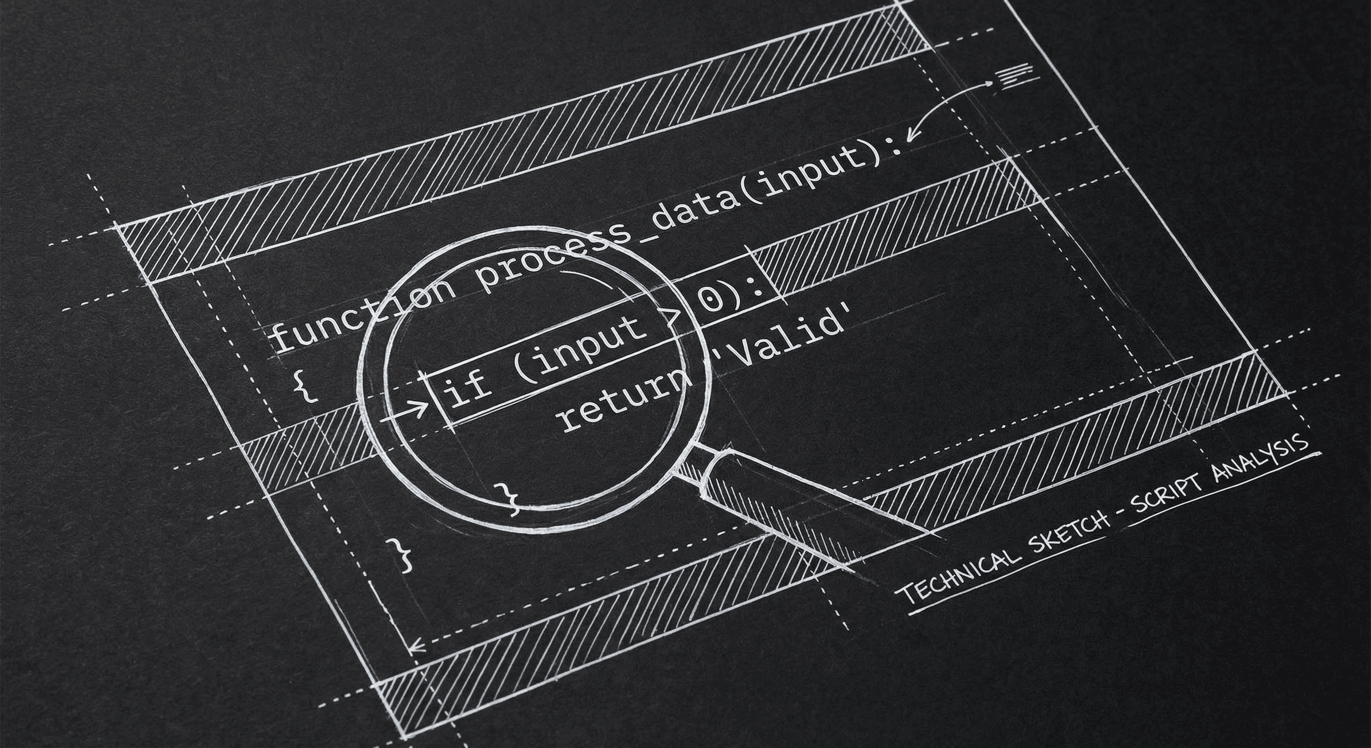 Script page with magnifying glass on a line; dark mode technical sketch