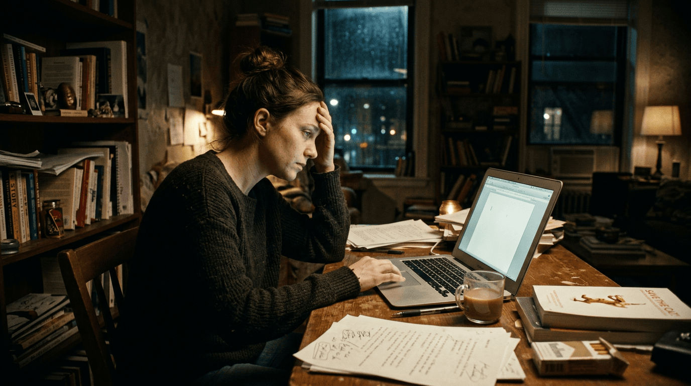 Cinematic workflow still, first angle, 35mm film grain