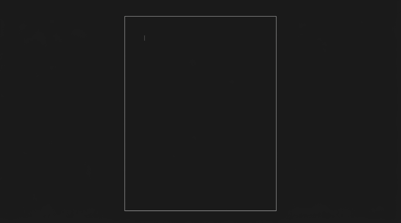 Dark mode technical sketch: single empty script page on a dark screen with faint cursor; thin white lines on black