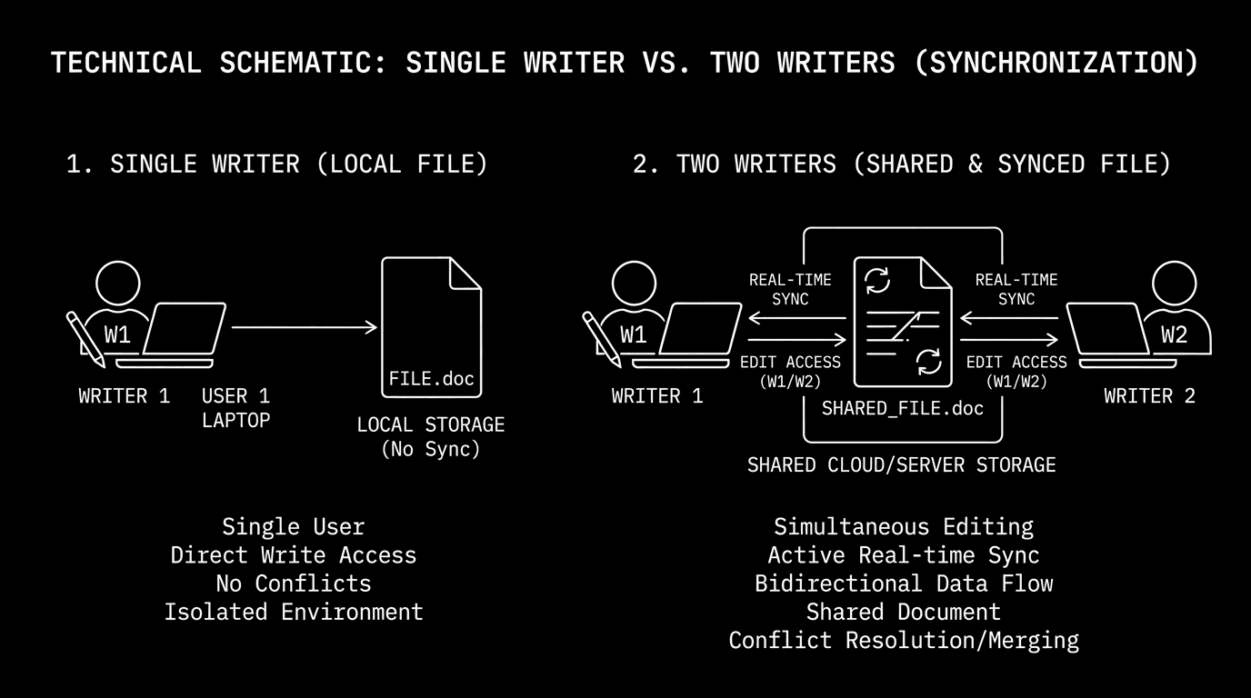Dark mode technical sketch: single writer vs two writers; "one file" vs "sync"